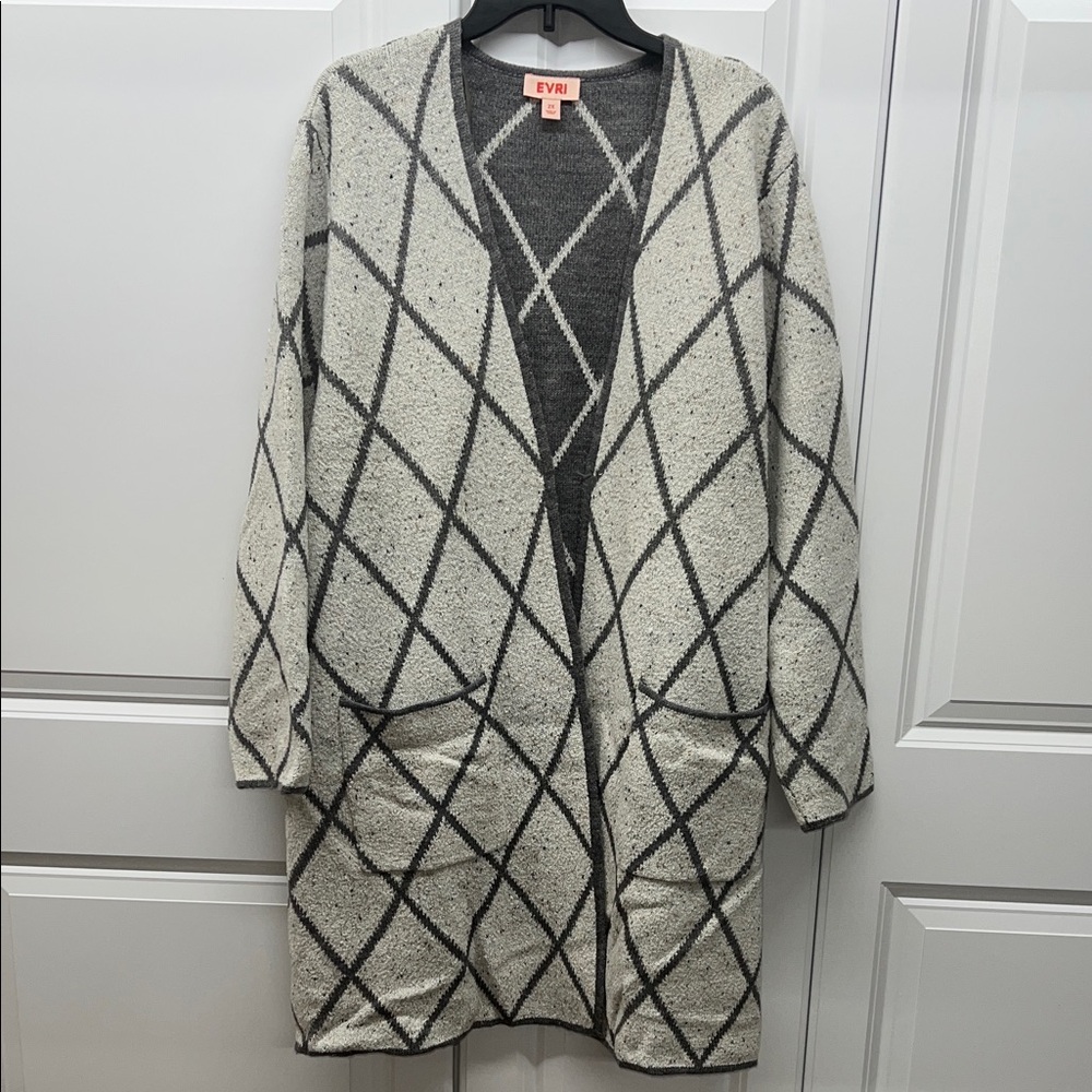 EVRI Plus Size 2X Grey White Diamond Argyle Longline Duster Cardigan Pockets